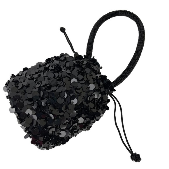 Vintage Handbags - Vintage Black Sequin Drawstring Evening Formal Bucket Bag Purse